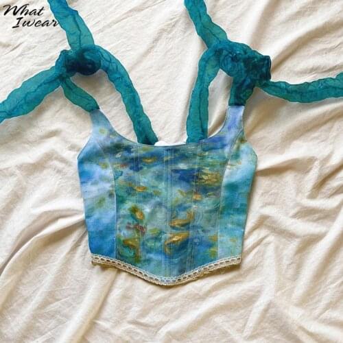 Whatiwear Y2K Vintage Aesthetic Printed Lace Up Camisole Women Bow Bandage Hollow Tank Top Skinny Party Streetwear Summer Trend