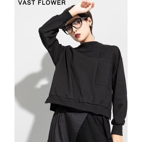 Black Plus Size Irregular T-Shirt Women New Pockets Turtleneck Long Sleeve Fashion Loose Casual T Shirt Tops Spring Autumn 2021