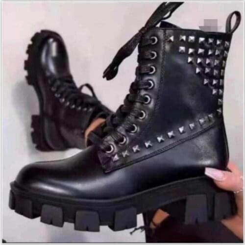 Punk Style Platform Women Ankle Boots Womens Motorcycle Boot Fashion Ladies Chunky Shoes Metal Decor Black Big Size 41 42 43