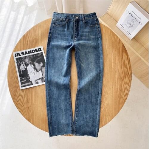 Spring and summer new style street fashion high waist solid color straight jeans women, loose and thin cropped jeans women