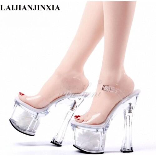 LAIJIANJINXIA Shallow Open Toe Clear Crystal Womens Sandals 18cm Super High Heeled Shoes Platform Flower Exotic Dancer Shoes
