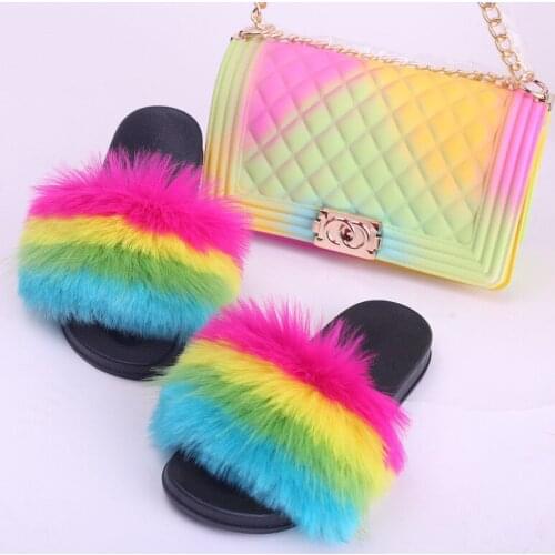 Womens Winter Faux Fox Fur Rain Boots Fluffy Stripe Furry High Snow Boots Woman Fur Home Female Warm Fur Home Shoes Size 34-44