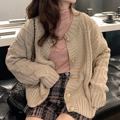 Women Autumn Winter Vintage Round Collar Oversize Short Sweater Coat Full Sleeve Single Breasted Knitted Cardigan Jacket