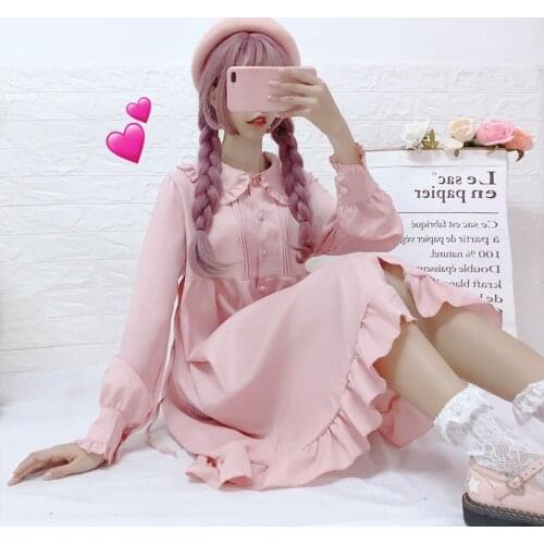 Vintage Women Long Sleeve Loose Dress Peter Pan Collar Ruffles Cute Women Lolita Dress Spring Women Fashion One Piece Sweet Girl