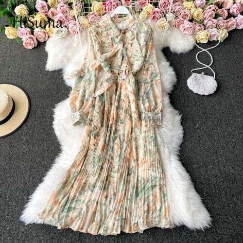 2021 spring autumn new womens bow print lantern sleeve ruffles chiffon dress female chic waist elegant pleated dresses