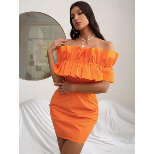 2021 Summer Sexy Off Shoulder Orange Ruffles Women Party Dress Vestidos Casual Bodycon Fashion Dress Ladies Elegant Robe BH7118