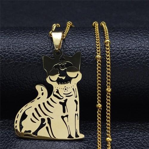 2021 Skeleton Cat Stainless Steel Charm Necklaces for Men/Women Gold Color Pendant Necklace Jewelry collier gothique N4417S03
