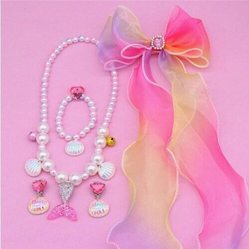 AngelGirl 6Pcs/Set Fantasy Mermaid Necklace Kit Cute Mermaid Earrings Shell Bracelet Bow Hairpin Mermaid Accessories Girl Gift