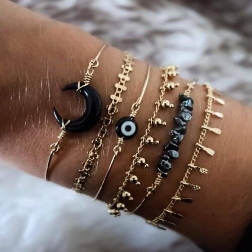 Stocking Bangle Bracelet Set Crescent Moon Evil Eye Stone Hammer Gold Chain Bracelet Bohemian Jewelry