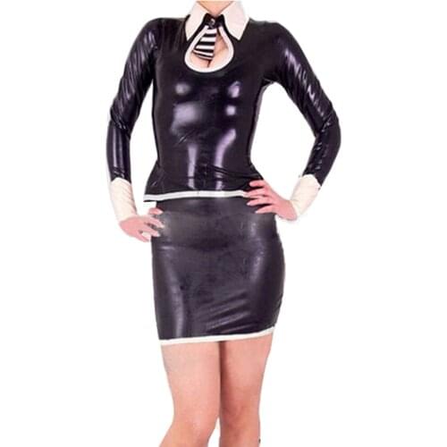 Natural Latex Black Bodycon Dress Rubber Fetish Uniform Costumes Handmade BNLD055