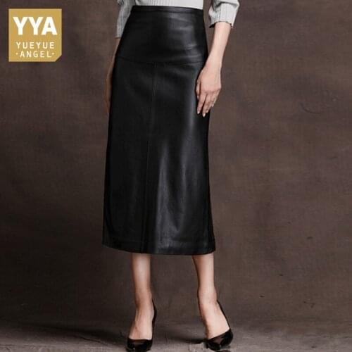 Elegant Genuine Leather Skirts Womens 2020 Spring OL Sheepskin Mid-Calf A-Line Skirt Plus Size 3XL Luxury Zipper Black Skirt