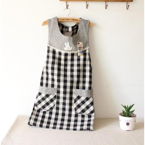 Cotton Linen Grid Apron Women Kitchen Cooking Cleaning Dining Room Vest Apron Tea Shop Work Wear