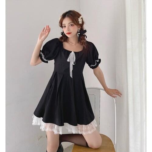Summer Square Collar Women Harajuku Lace Sweet Plus Size Dresses Black Vintage Lady Mini Pleated Dress High Waist Street Cloth