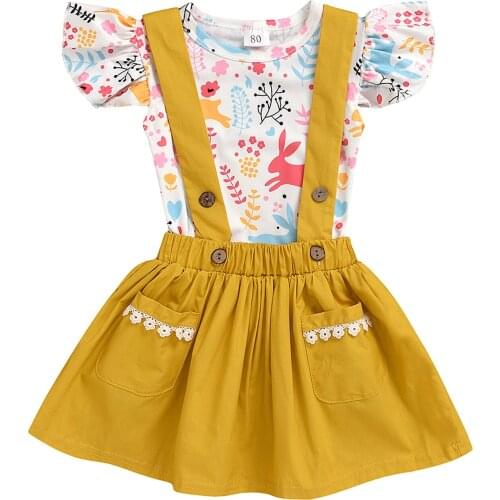 Baby Girl’s Summer Clothes Skirt Two Pieces Suit Cartoon Easter Bunny Fly Sleeve T-shirt and Solid Color Suspender Skirt 2-5T