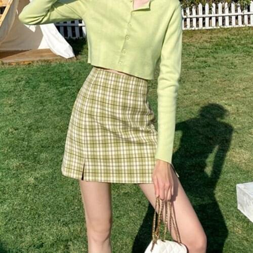 Fashion Women Streetwear Plaid Skirts Vintage Slim High Waist Mini Pencil Short Mini Skirt