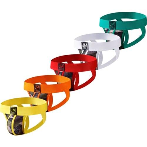 JOCKMAIL Mens Athletic Supporter Mesh Breathable Jockstrap Elastic Waistband Gay Underwear Sexy Camouflage Thong 5 pieces/ Pack