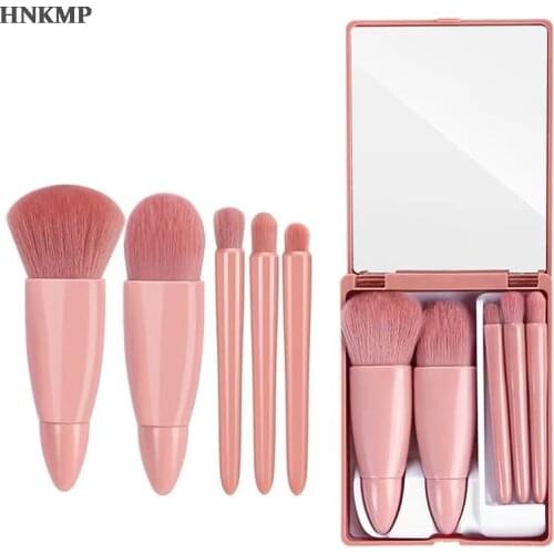 Makeup Brushes Set Portable 5Pcs Multi-Function Set With Mirror Soft Hair Loose Powder Brush Blush Foundation Eye Shadow Brush