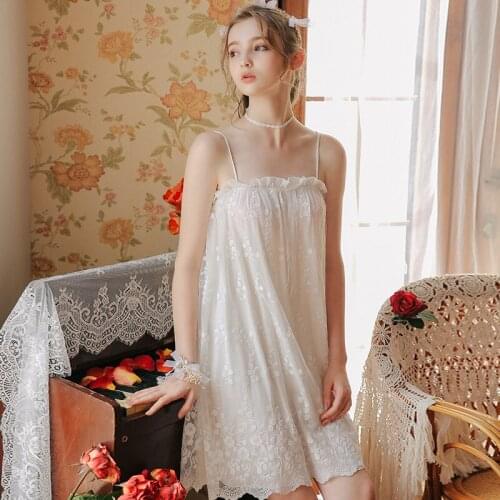 Womens Summer Soft Lace Mesh Sexy Princess Nightdress Sleeveless Spaghetti Strap Wavy Night Dress White Sleepwear Nightwear