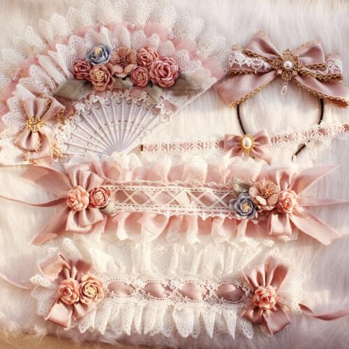 New Style Lolita Hand Made Dreaming Versailles Lolita Full Set Small Hair Band Fan Necklace Hand Cuff
