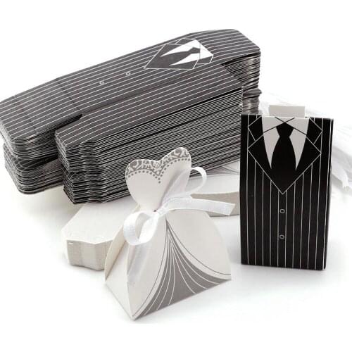3pcs Bride and 3pcs Groom Gift Boxes Tuxedo and Wedding Dress Wedding Party Favor Gown Candy Box Bag Decoration for Marriage