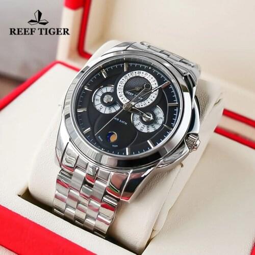 Reef Tiger/RT Luxury Brand Casual Business Men Quartz Watch with Date Calender Moon Phase Multifunction Waterproof Watch