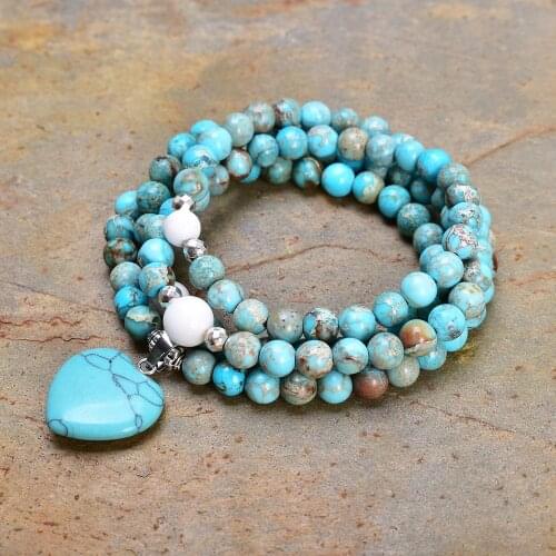 Vintage Natural Stone Beaded Bracelet with Heart-shaped Turquise Stones Pendant Stretch Wrap Bracelet Blue Jewelry Dropship