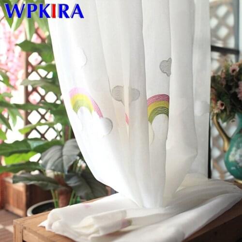 Rainbow Embroidered White Tulle Curtain for Girls Bedroom Semi Sheer Window Screening Voile Window Drapes for Living room D0143