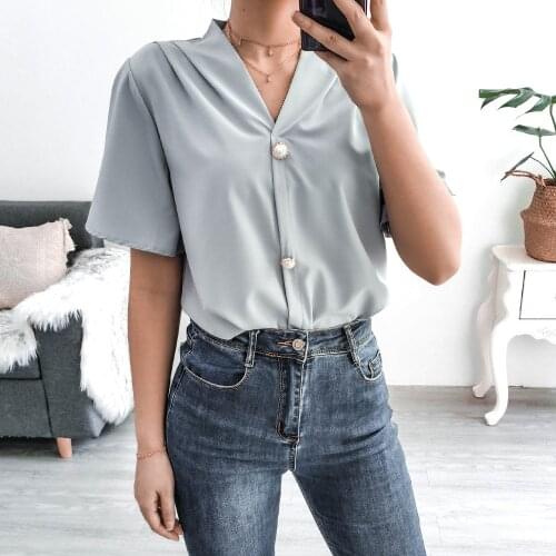 2021 Casual Office Lady Work Sexy Shirt Female Buttons Short Sleeve SlimTops and Blouse Femme Elegant White Blusas Streetwear