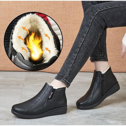 MCCKLE Womens Boots Winter Warm Fur Shoes Women Zipper Snow Ankle Boots Female Leather Short Plush Platform Flats Shoe Ladies