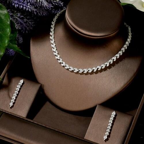 HIBRIDE Simple Design Paved Cubic Zirconia Earrings Necklace For Women White Gold Color Fashion Leaves Shape Jewelry Set KC-07