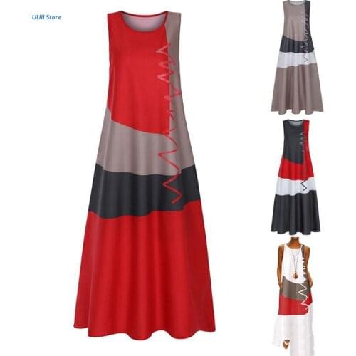 Women Plus Size Sleeveless O-Neck Maxi Long Tank Dress Color Block Wavy Stripe Print Vintage Loose Beach Sundress S-5XL