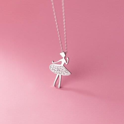 Real 925 Sterling Silver Necklace for Women Teen Girls CZ Zircon Dancing Girls Cute Pendant Necklaces Korean Stylish Jewelry