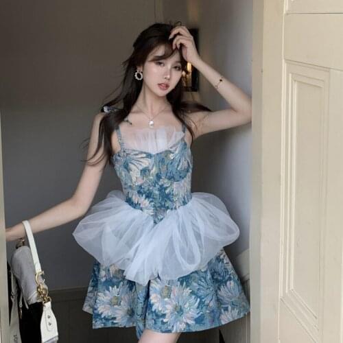 Women 2021 Summer Desinger Floral Spaghetti Strap Corset Dress Retro Mesh Tulle Blue Short Ball Gown Backless Mini Chic Dress