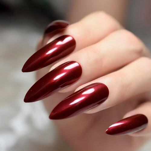24Pcs Good Quality Acrylic False Nail Wine Red Extra Long Shiny Nail Easy Apply Sharp Stiletto Artificial Nail for Party Z932