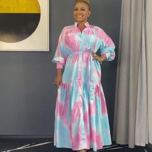 Africa Maxi Dress Women Ankara Summer Print Long Sleeve Single-Breasted Shirt Robe Fashion Party Dress Lady Africa Clothing 2021