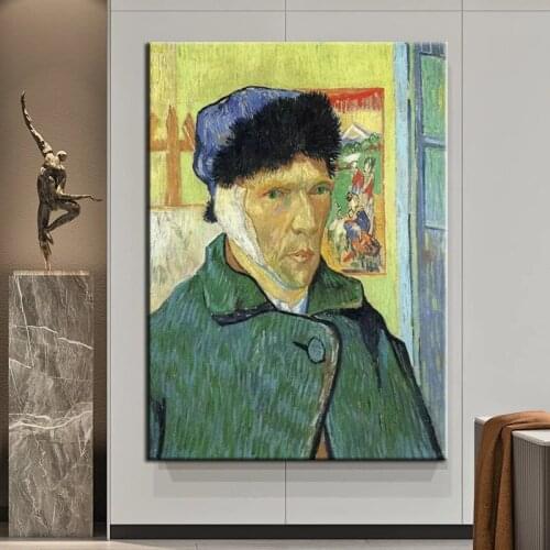 100% Hand Painted Handmade Van Gogh Self-portrait with ears cut off Impression Pictures Character Wall Art For Home Decor Large