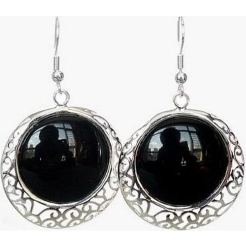 Free Shipping 925 Sterling Hook Natural Black gem stone Onyx Coin Beads Earrings