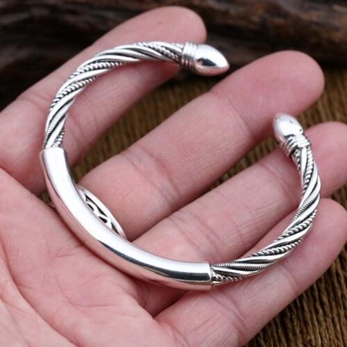 S925 Sterling Silver colour Open Twist weave Bangles Women Men Vintage Thai Silver colour Jewelry Inner Diameter 58mm Bracelet
