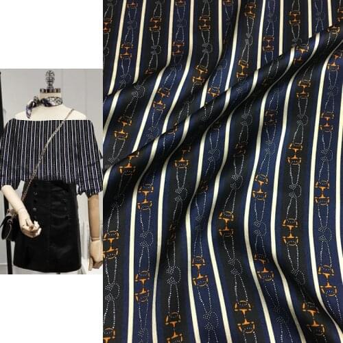 D buckle chain vertical stripes printing navy blue bottom stretch digital printing natural mulberry silk haute couture fabric