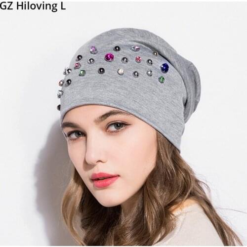 GZHilovingL Hip Hop Girls New Fashion Clothing Accessories Soft Solid Color Cotton Slouchy Rhinestone Women Beanie Hat Gorro Cap