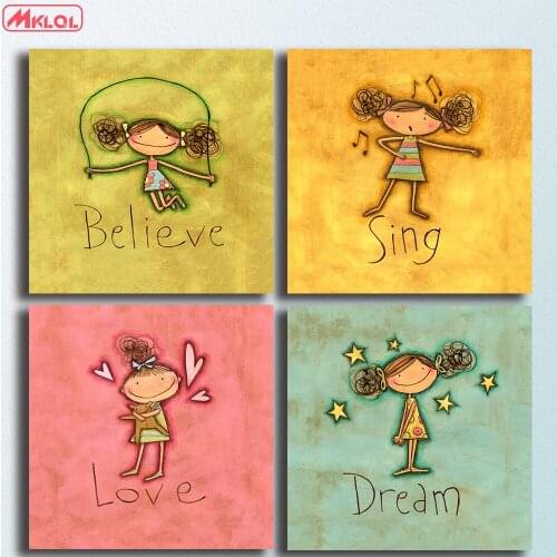 4PCS/set Canvas painting Oil Painting wall art Modern cartoon girl wall pictures kids room wall photo decor No Frame