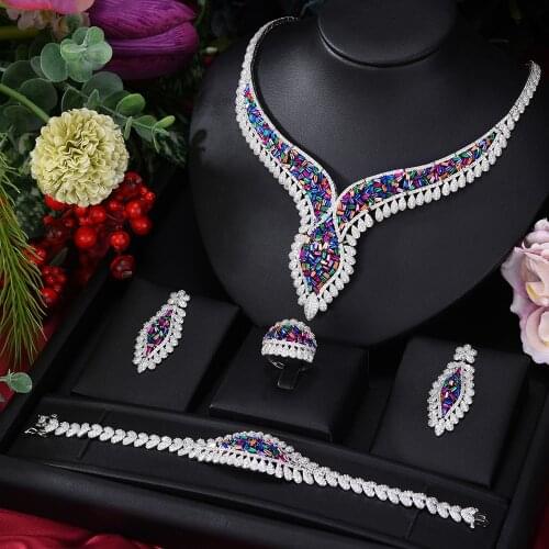 KellyBola BOHO Cute Luxury Drop Cubic Zirconia Bridal Girl Jewelry Sets for Women Nigerian Necklace Earrings Bangle Ring 4PCS