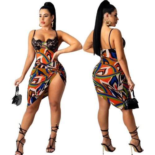 Zoctuo Lace Straps Playsuit Top And Bandage Slit Skirts Suit Print Tight Skirt Sets Two 2 Piece Outfits Sexy Skirt Matching Set