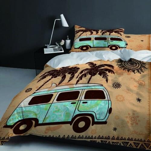 Summer Surf Bus Duvet Cover Set Happy Travel Bedding Set Soft Microfiber Coconut Tree Printing Quilt Cover Twin Full Queen King