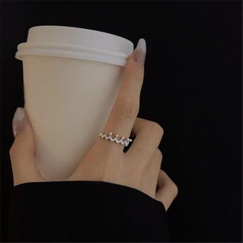 Fashion Wave Pearl Crystal Crown Ring Silver Color Charm Womens Trend Ring Adjustable Opening Finger Accessories Jewelry