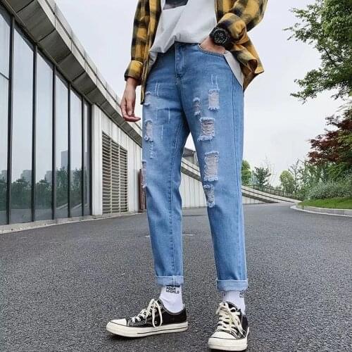 Ripped Hole pencil jeans mens 2020 summer thin Korean trendy wild slim feet mens beggar cropped hip hop streetwear pencil pants
