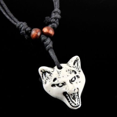 Cool Boy Mens Imitation Yak Bone Carved Wolf Head Pendant Necklace Adjustable Wax Cord Amulet Gift MN190