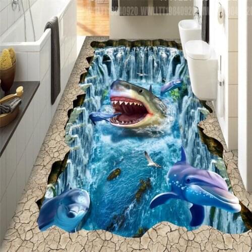 Beibehang Shark dolphin waterfalls mural wallpaper wear non - slip waterproof thickening self - adhesive 3D PVC floor stickers