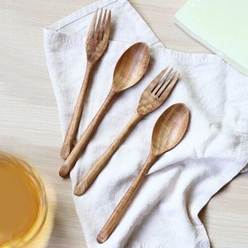 Natural Walnut Wood Spoon Fork Dinner Rice Soups Spoon Utensil Handmade Kitchen Home Tableware Dinnerware Salad Fork Cutlery