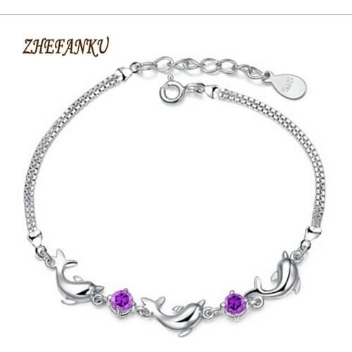 Charming Dolphin Shaped Chain Jewelry Cz crystal Woman Bracelets Silver color